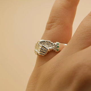 ‘Till Death Band’ - Skeleton Handshake Fede Ring with Emerald Cuffs, Ring, The Serpents Club