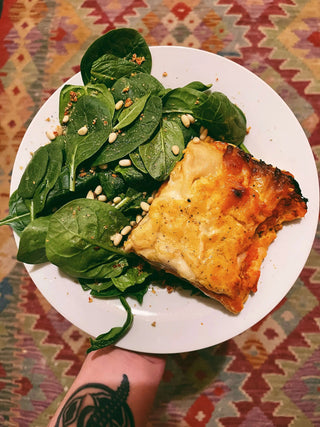✦ RECIPE ✦ Butternut Squash Lasagne with Pine Nut & Pumpkin Spinach Salad - Emily Proudfoot
