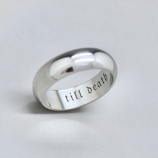 Till Death Gothic Engraving on a 6mm Heavy Platinum Mens Wedding Band 