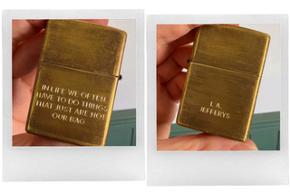 Mad Men often in life we have to do things that just are not our bag don draper zippo lighter - hand engraved gold brass war zippo - Emily Proudfoot