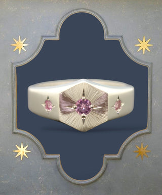 Hand engraved bright cut hexagon signet ring with guilloché sun ray design, four point stars and pink sapphires - September Birth Stone Jewellery - Emily Proudfoot
