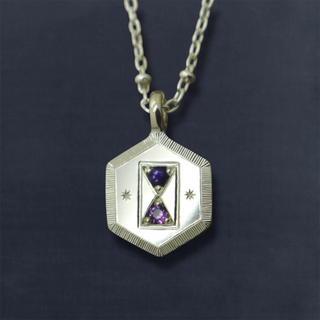 One Of A Kind Jewellery - Purple Sapphire Hand Engraved Hourglass Necklace in Recycled Sterling Silver - British Fine Jewellery Designer - Emily Proudfoot