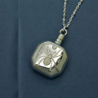 One Of A Kind Jewellery - Hand Engraved Perfume Bottle Necklace in Recycled Sterling Silver with a Spider and Eclipsing Moons - British Fine Jewellery Designer - Emily Proudfoot