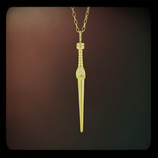 Gold and Lab Grown Diamond Dagger Pendant with Delicate Yellow Gold Rolo Link Chain - 9k Gold