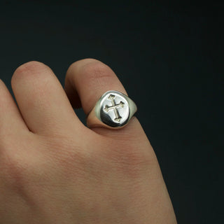 Ready To Ship - Medieval Cross Engraved Signet Ring - Silver UK I 1/2/ US 4 1/2