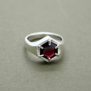 Garnet Hex Signet - Silver, UK M, US 6, Emily Proudfoot, Rings