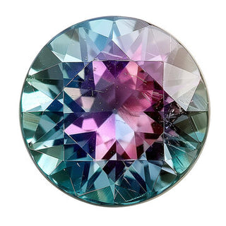 Round faceted gemstone with teal and purple color flashes