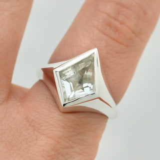 Kite Signet Ring by Emily Proudfoot Jewellery, Yorkshire jeweller, handcrafted with tapered band and bezel-set Amethyst, Topaz, or Black Onyx, unisex design, personalisable with interior engraving or custom centre stone.