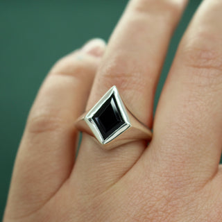 Kite Signet Ring by Emily Proudfoot Jewellery, Yorkshire jeweller, handcrafted with tapered band and bezel-set Amethyst, Topaz, or Black Onyx, unisex design, personalisable with interior engraving or custom centre stone.