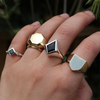 Chunky Gemstone Kite Signet Ring by Emily Proudfoot Jewellery, Yorkshire jeweller, handcrafted with tapered band and bezel-set Amethyst, Topaz, or Black Onyx, unisex design, personalisable with interior engraving or custom centre stone.