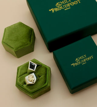 Kite Signet Ring by Emily Proudfoot Jewellery, Yorkshire jeweller, handcrafted with tapered band and bezel-set Amethyst, Topaz, or Black Onyx, unisex design, personalisable with interior engraving or custom centre stone.