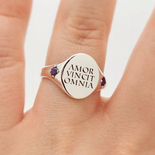 "Amor Vincit Omnia" - Love Conquers All | Signet Ring with Custom Birthstone Band