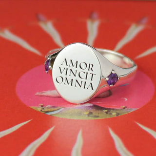 "Amor Vincit Omnia" - Love Conquers All | Signet Ring with Custom Birthstone Band