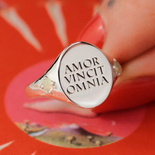 "Amor Vincit Omnia" - Love Conquers All | Signet Ring with Custom Birthstone Band