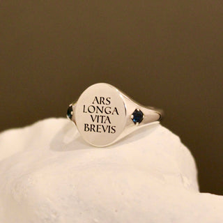 ARS LONGA VITA BREVIS - ART IS LONG LIFE IS SHORT - MEMENTO MORI LATIN MOTTO RING WITH LONDON BLUE TOPAZ SET BAND | EMILY PROUDFOOT 