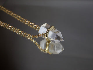 Large Gold Brass and Clear Quartz Crystal Point Necklace 