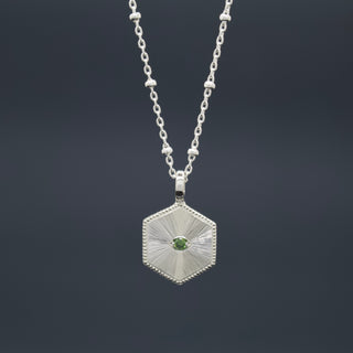 Green Diamond Illumination Pendant - Hand engraved hexagon pendant with guilloché sunray pattern, stone set eye and milgrain detail - Emily Proudfoot