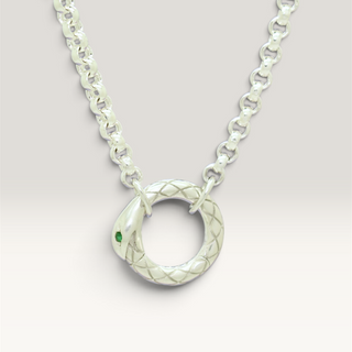 Sterling silver serpent charm lock chain with green eye, round braided lock pendant
