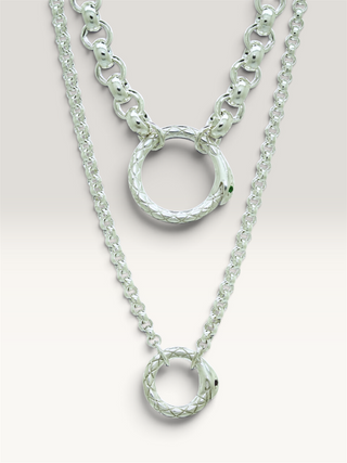 Sterling silver serpent charm lock chain with green-eye braided lock pendants and links
