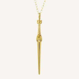Gold dagger and Opal pendant necklace with eye engraving and custom gemstone handle on fine trace chain - Emily Proudfoot - British custom fine jewellery designer 