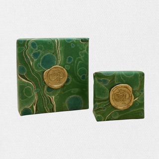 Green marbled gift wrapping paper with gold coin seal, rectangular set