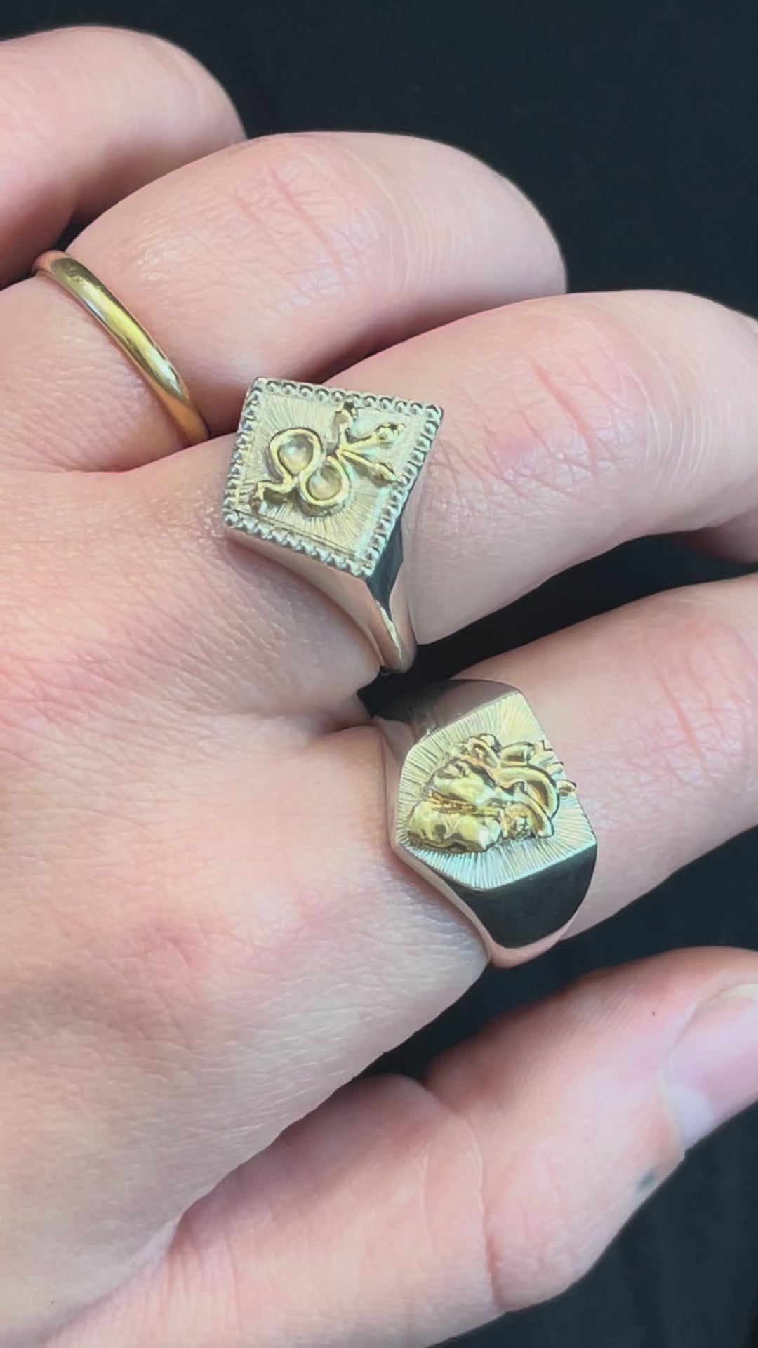a hand wearing two signet rings - one a large silver kite shape signet ring with a three headed snake hydra in gold with engraved details and a shield shaped silver signet ring with a gold anatomical human heart with engraved details - emily proudfoot