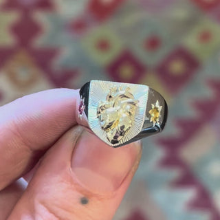 Silver heraldic shield signet ring with hand engraved bright cut details, anatomical human heart, 8 point star set pink topaz tourmaline sapphire and orange citrine - Emily Proudfoot Jewellery - British jewellery designer 