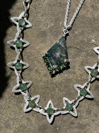 One Of A Kind - Moss Agate Kite Necklace with Green Tourmaline Halo, Necklace, Necklaces, The Serpents Club