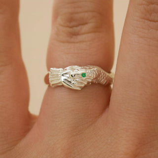 ‘Twice Shy Ring’ - Snake Bite Handshake Ring with Emerald Eye, Ring, The Serpents Club