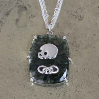 One Of A Kind ✷  Earthly Ties Tableau Necklace - Moss Agate with Skulls and Chains, Necklace, Necklaces, The Serpents Club